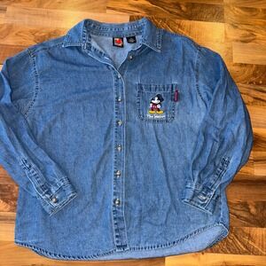 Disney Mickey Unlimited Denim Jean Button Shirt Women Size M Embroidered Pocket